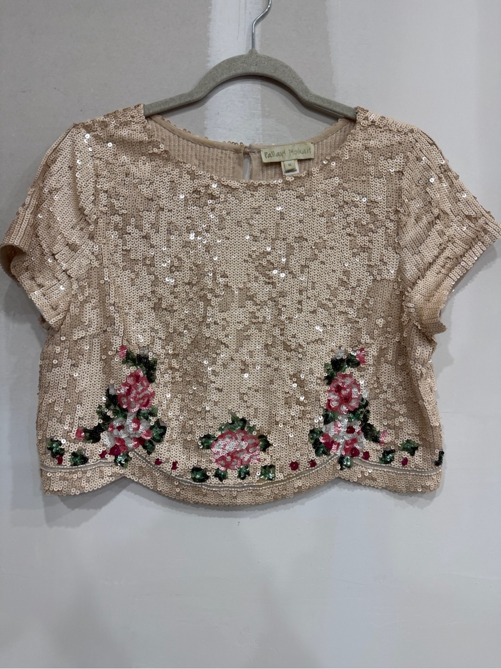 BHLDN Blush Sequin Crop Top with Embroidered Roses